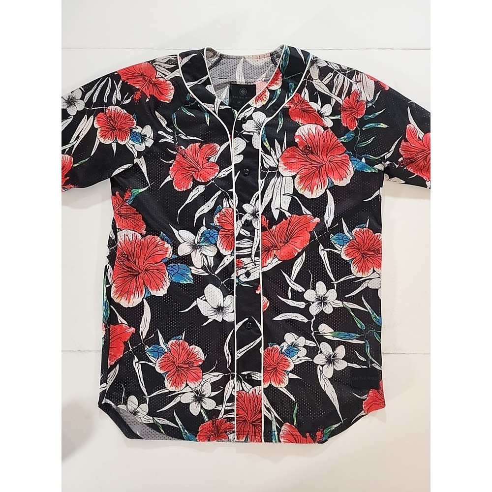 On The Byas Hawaiian Shirt Short Sleeve Medium Black w/Splatter Flowers